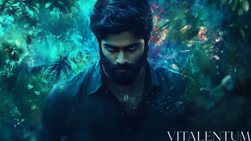 Brooding bearded figure emerges from neon-tinged digital forest