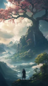 Wanderer Before the Blossom Colossus of Mistbound Valleys.