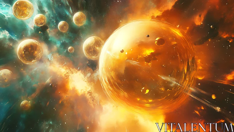 Celestial orb cluster in luminous nebular field composition.