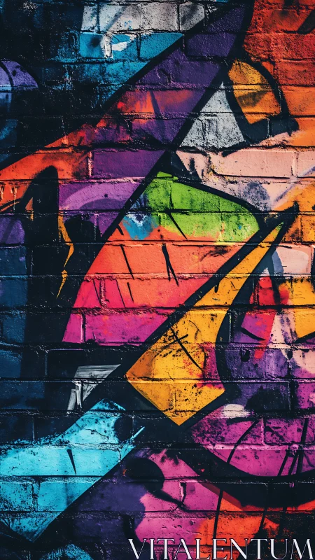Vivid geometric graffiti ignites a textured urban brick wall