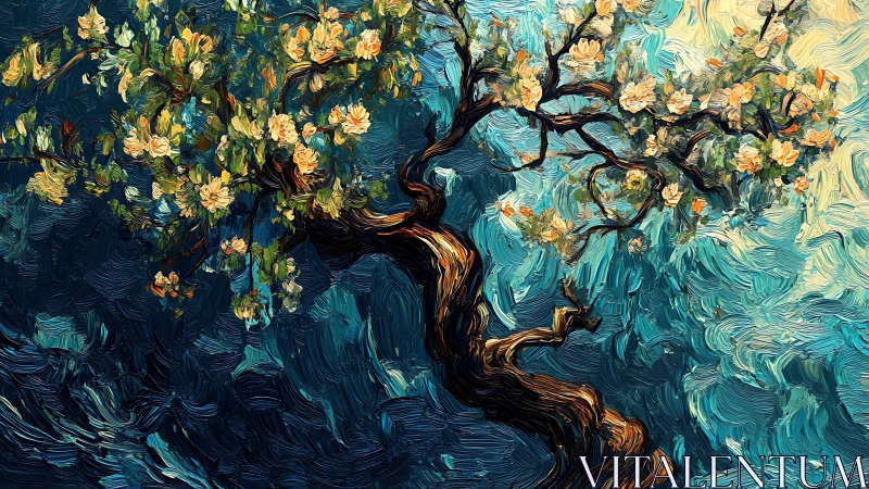 Curved flowering tree trunk extends across textured blue field