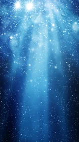 Blue starfield background with light beams and particle glow.