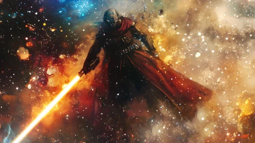 Lone armored warrior ignites glowing blade in fiery nebula