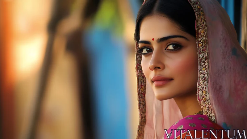 Portrait of Indian woman in embroidered pink dupatta
