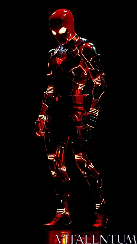 Luminous red cyber hero in sleek armored exosuit stance.