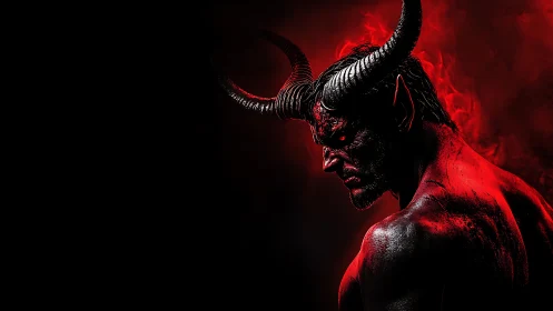 Horned demon figure poses in dramatic red side lighting