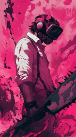 Intense masked fighter stands ready in neon pink chaos