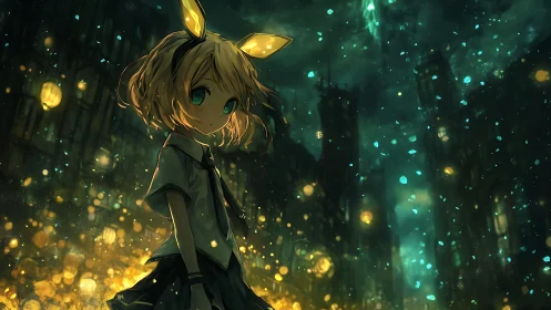 Girl stands in illuminated night city with floating particles