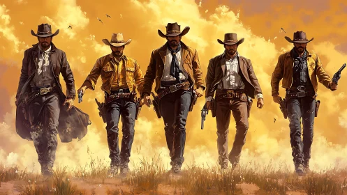 Cinematic five-gunslinger formation in dust-saturated frontier light.
