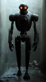 Lone alleyway sentinel robot glows with ominous patience.