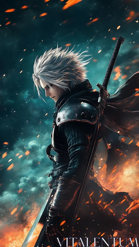 Silver-haired swordsman strides through burning embers storm.