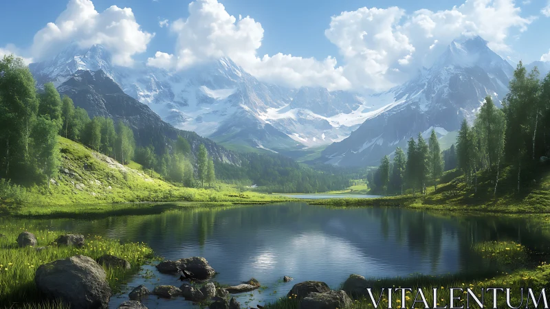 Snow covered mountains reflected in calm alpine lake.