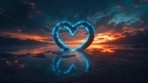 Luminescent heart form over water landscape at sunset.