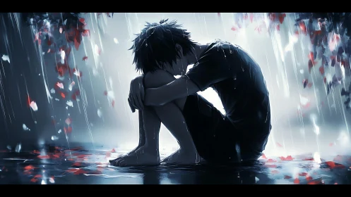 Melancholic anime boy curled in rainy reflective street.