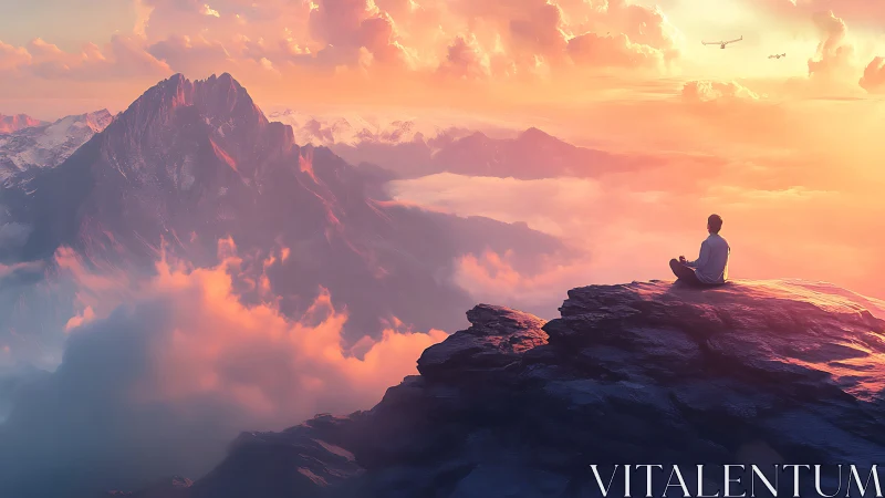 Meditating figure overlooks glowing mountain sunrise horizon.