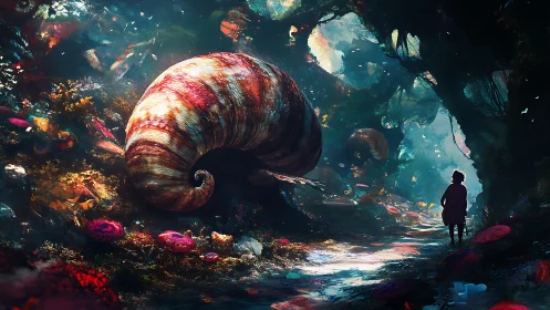 Giant spiral shell in luminous fantasy forest path.
