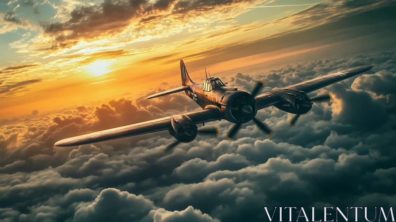 Vintage twin-engine warplane gliding above sunlit cloudscape.