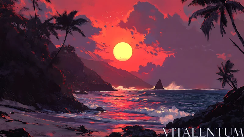 Digital seascape sunset with high-contrast tropical silhouettes.