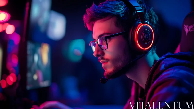 Focused esports gamer with RGB headset at PC battlestation.