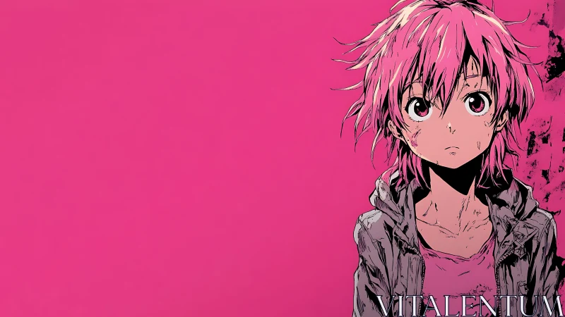 High-contrast anime portrait with vivid magenta negative space.