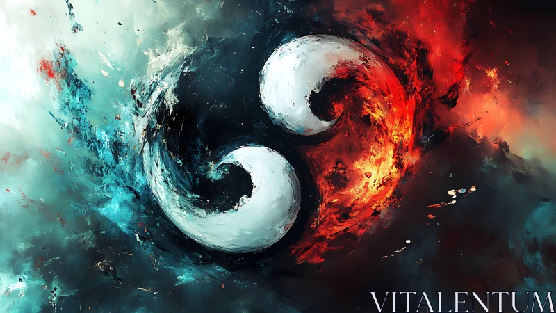 Fiery and icy yin yang swirling in vivid cosmic harmony.
