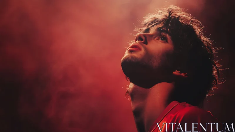 Side profile portrait shows man looking upward in red light