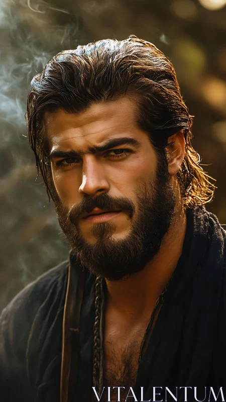 Bearded man stands outdoors in warm cinematic lighting