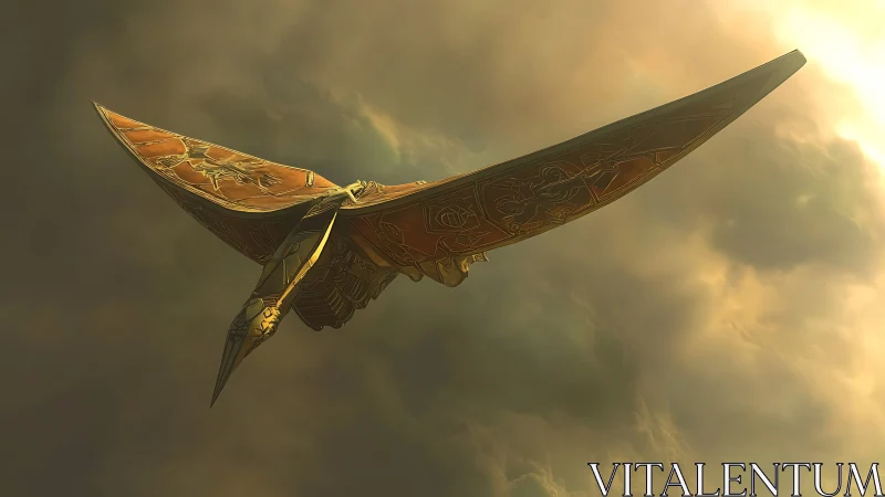 Ornate pterosaur-inspired glider with engraved bronze wings.