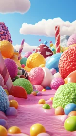 Candy Landscape Dream: Giant Fruits and Oversized Sweets.