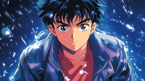 Midnight resolve in a rainlit anime city street.