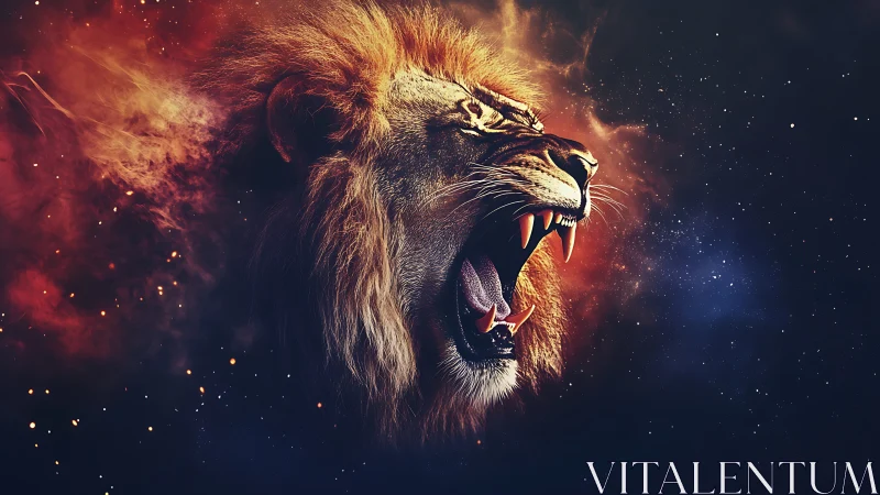 Roaring lion head merges with nebular fire in cosmic void