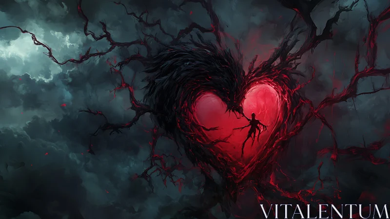 Silhouette figure inside glowing heart shape with dark branching tendrils