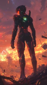 Armored sci fi soldier overlooking burning skyline.