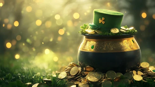 Leprechaun cauldron of gold coins under warm bokeh light