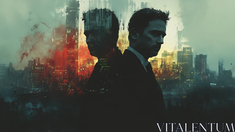 Brooding man mirrors against burning abstract city skyline.