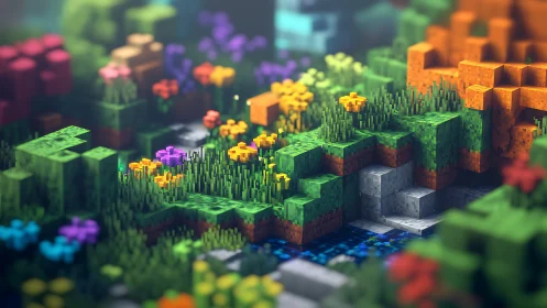Voxel meadow garden in luminous spring bloom panorama.