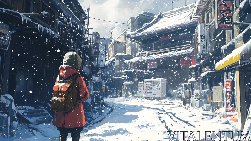 Traveler crosses snowbound Japanese street in silence.