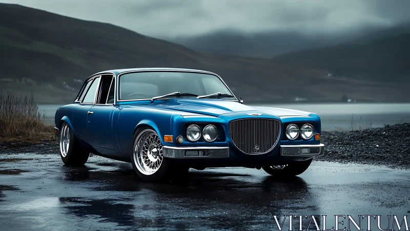 Blue classic sedan rests on wet coastal road under clouds