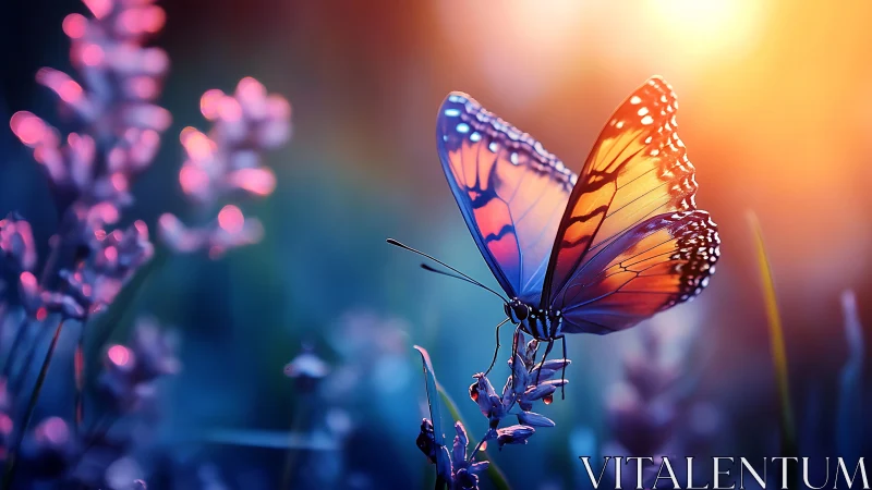 Butterfly on flower against blurred sunset garden backdrop.