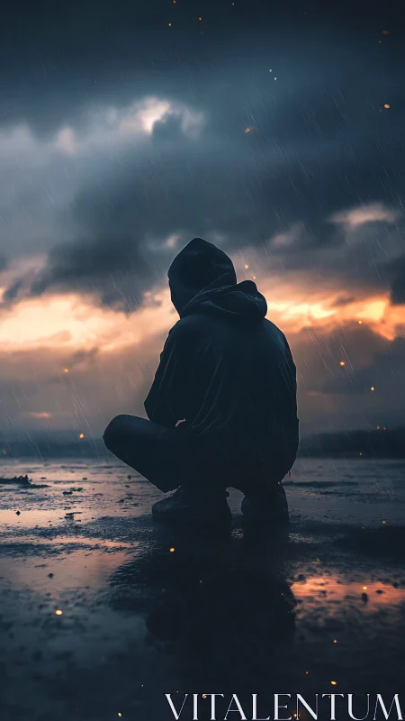 Hooded figure crouched on wet pavement at dusk in rainfall