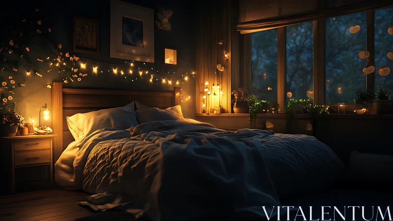 Cozy bedroom glows with warm fairy lights and night ambience