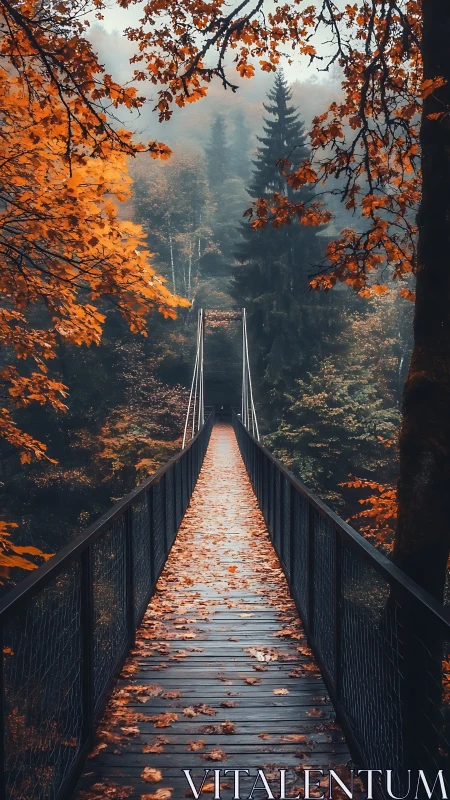 Amber bridgeway into misty autumn forest silence.