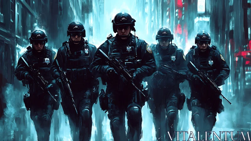Armed tactical squad advances through neon-lit urban corridor