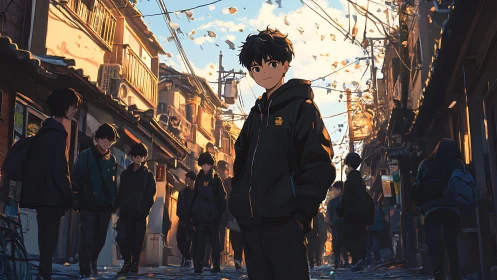 Boy in black hoodie walks sunlit alley amid urban crowd