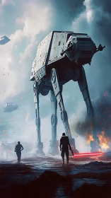 Giant sci fi walker towers over soldiers in stormy battle.