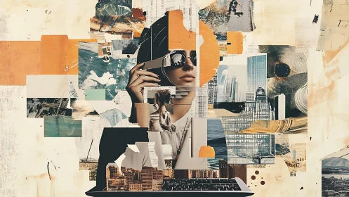 Mixed-media digital collage of woman with VR visor and cityscapes