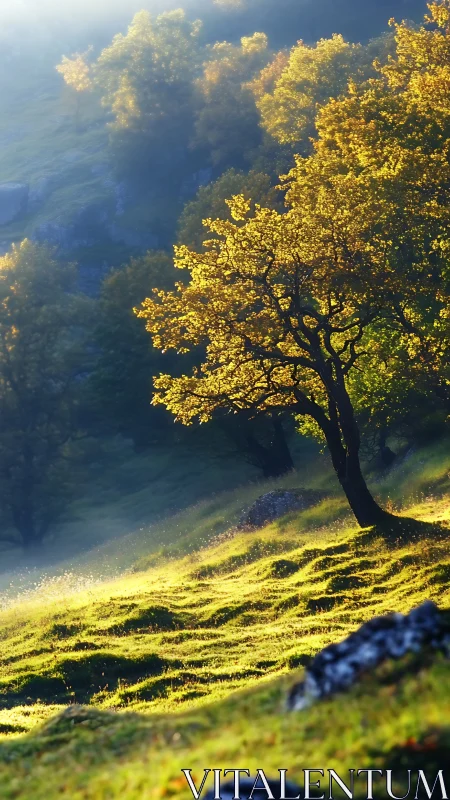 Golden hillside tree bathed in soft morning mountain light.