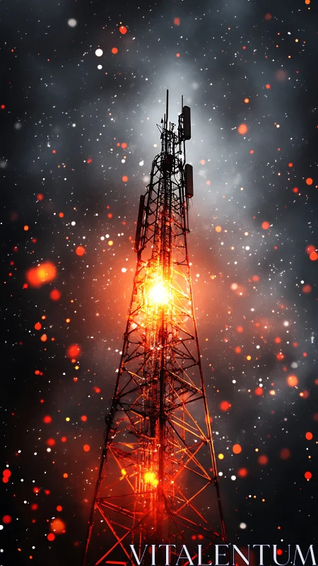 Radio tower under fiery night sky with glowing signals.