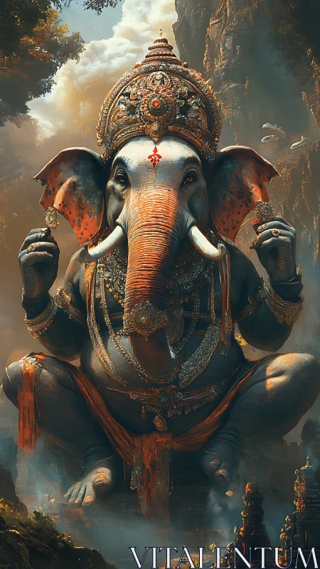 Colossal jungle elephant deity crowned in molten sunrise gold.