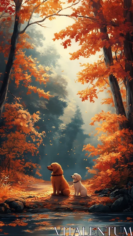 Dogs on forest path under dense orange autumn foliage.
